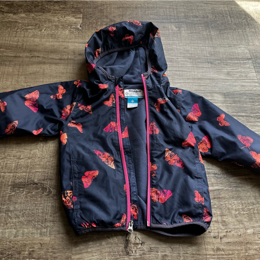 Columbia Navy Hooded Kids Jacket with Pink Butterfly Print